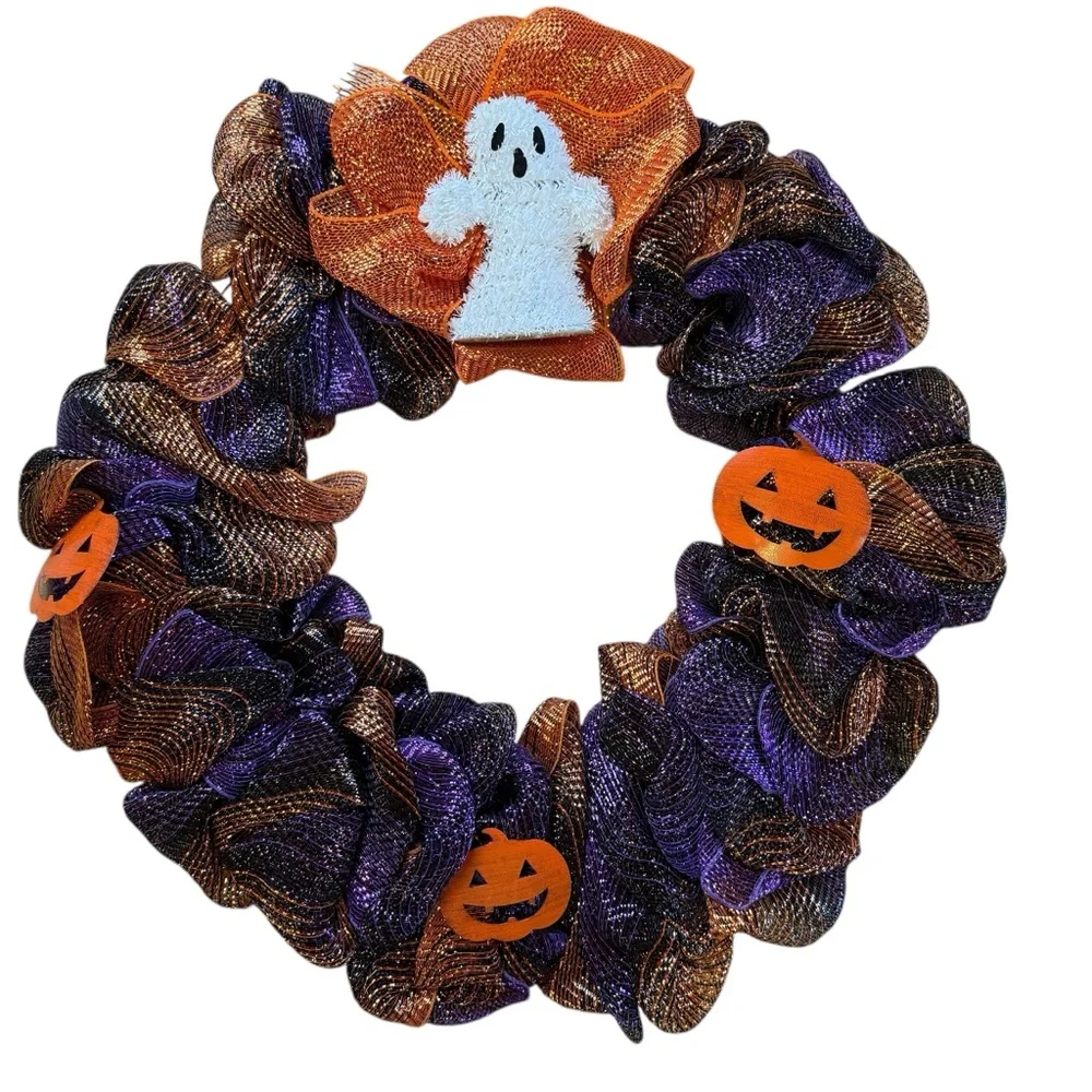 Vibrant Purple & Orange Halloween Deco Mesh Wreath with Ghost & Pumpkins – 25″